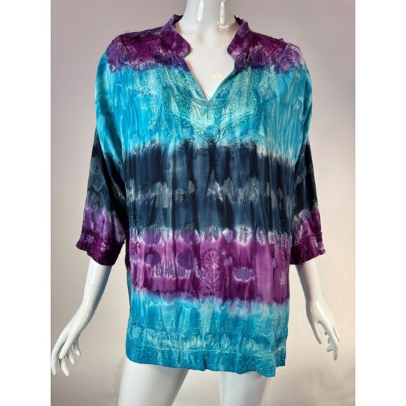 Vintage Indian Tropical Fashion Tie-Dye Tunic Top One Size 100% Rayon Embroidere - Picture 13 of 16